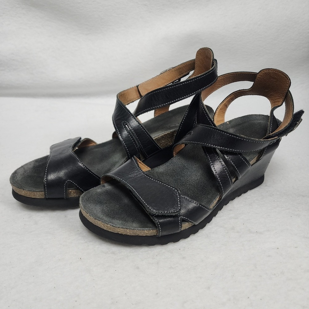 Taos Xcellent XCL-7219 Womens US 7-7.5 Wedge Sandals Black Leather Ankle Strappy